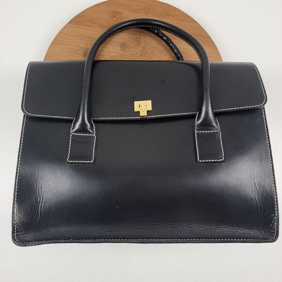 Lamberston Truex Boxcar Black Leather Handbag Bag Purse Italy - Picture 13 of 16